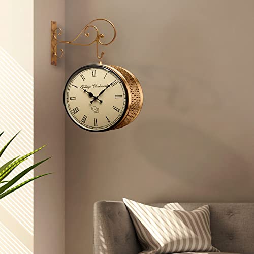 Premium Metal Railway Station Clock Vintage Clock (8 F) (Gold)