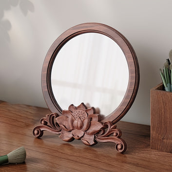 Handcrafted Wooden Makeup Mirror with Floral Base – Portable Tabletop Vanity Mirror, Polished Finish (24x21x10cm)