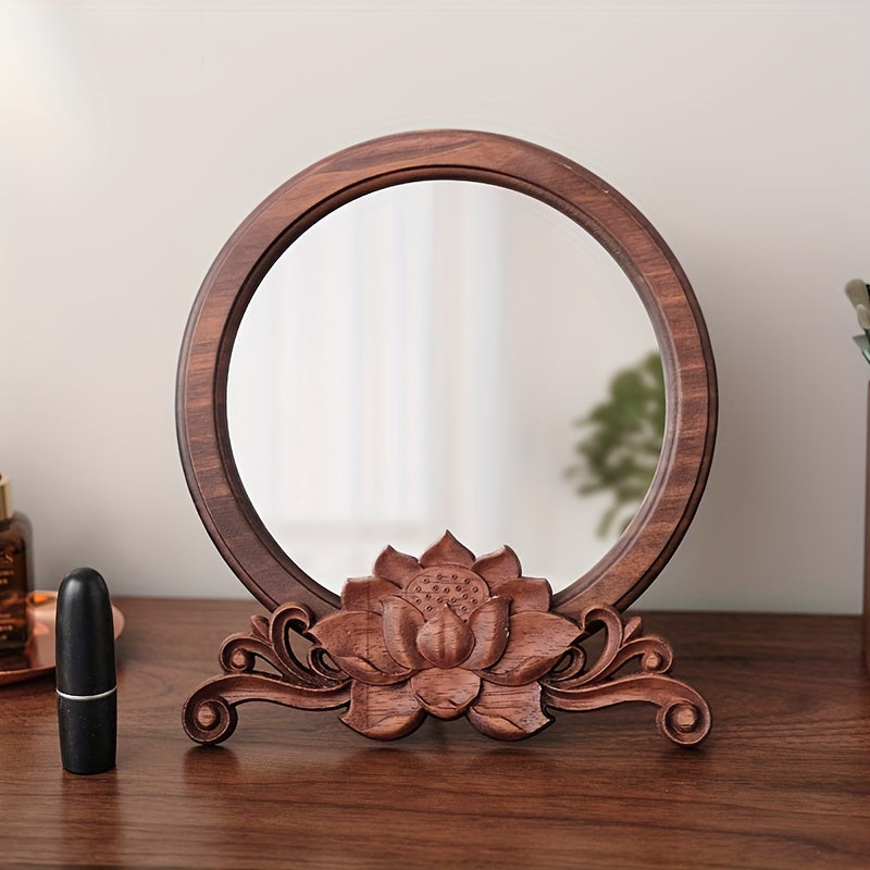 Handcrafted Wooden Makeup Mirror with Floral Base – Portable Tabletop Vanity Mirror, Polished Finish (24x21x10cm)