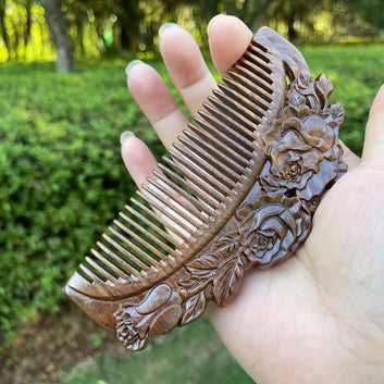 Handcrafted Sandalwood Hair Comb with Rose Design – Natural Wooden Finishing Comb for Normal Hair (11.5cm)