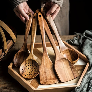 5pcs Wooden Kitchen Utensils Set – Ladle, Spurtle, Wok Spatula, & Spoons for Non-Stick Pans (Heat-Resistant, Durable)