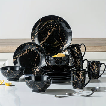 Ramsam Trends 16-Piece Black and Gold Porcelain Dinnerware Set