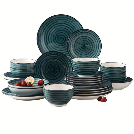 Ramsam Trends 24-Piece Green Hand-Painted Spiral Dinnerware Set