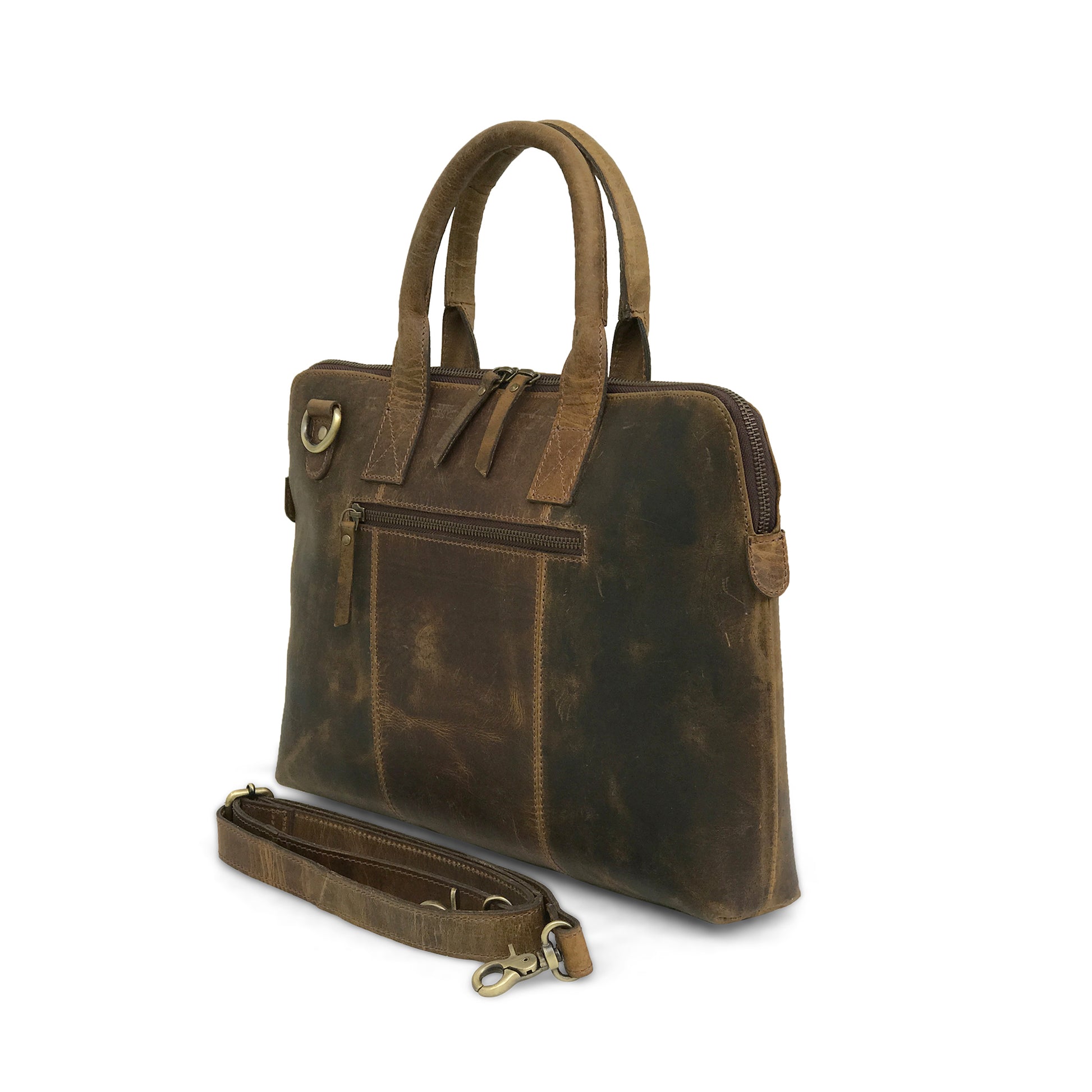 Handcrafted leather laptop bag by Ramsam Trends, featuring adjustable shoulder strap.
