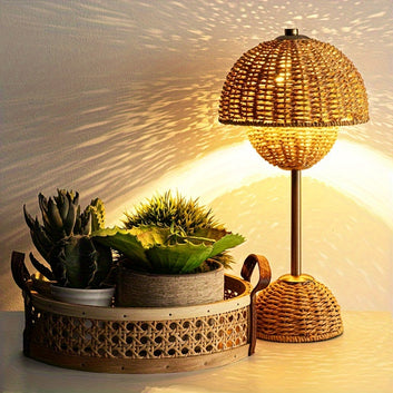 Handcrafted Rattan Table Lamp with Downlight