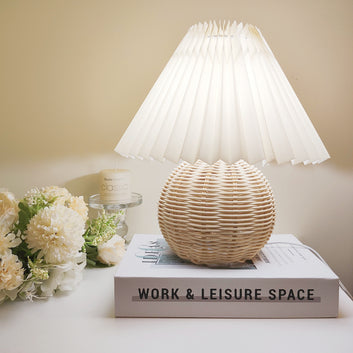 Rustic Bamboo Weaving Table Lamp with Pleated Shade