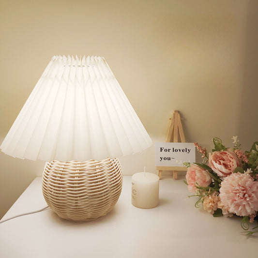 Rustic Bamboo Weaving Table Lamp with Pleated Shade