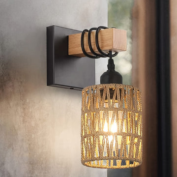 Ramsam Trends Woven Rope Wall Sconce - Rustic Wooden Mount